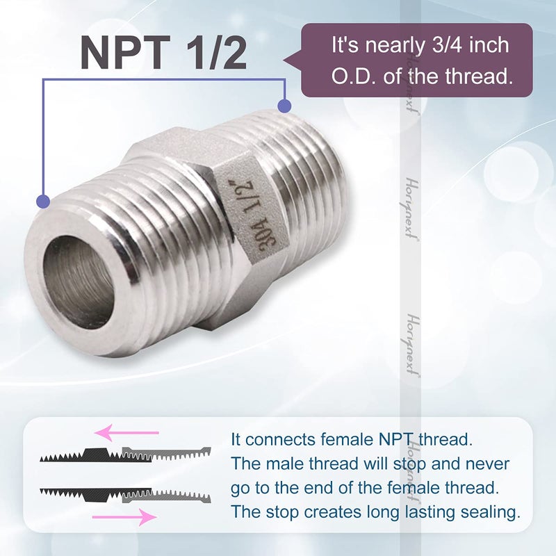 Horiznext npt 1/2 stainless steel hex pipe fitting, 3/4 inch O.D. male thread cast adapter connects gas hose air line pvc water pipe, for valve shower faucet tube coupler extension.(4 pcs) - Image 2